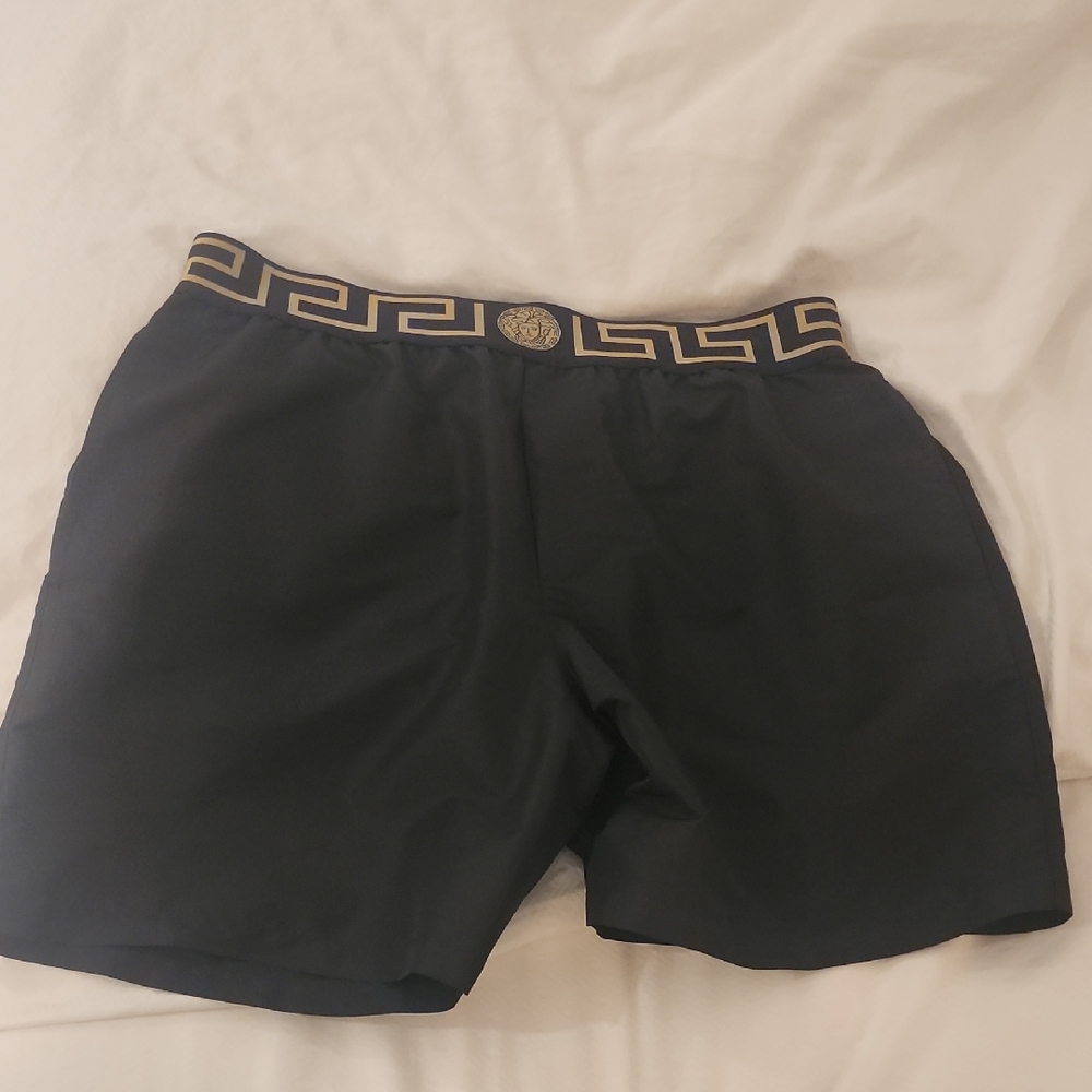 Versace Black Athletic Shorts with Greek Key Waistband